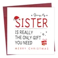 Close-up of a funny Christmas card for sister with a red envelope and festive illustrations - Sister Gift Blessing Text Design (QT1535)