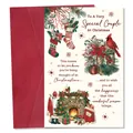Detail of Christmas greeting card with hand-drawn festive illustrations and red envelope - Vintage Illustration Christmas Stocking Finch Style (QT1607-1)