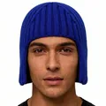 Detail of royal blue knitted ear-protection beanie showing thick knit texture and fit - Sapphire Blue