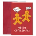 Funny Christmas card with gingerbread men illustration and matching red envelope - Gingerbread Man Funny Dialog Style (QT1544-2)