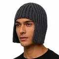 Men's dark grey knitted trapper hat with ear flaps and thick ribbing for winter warmth - Dark Gray