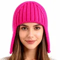 Rose pink knitted earflap beanie hat with ribbed texture for winter warmth - Rose Red