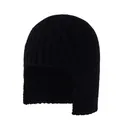 Detailed knit texture and earflap design of a warm black winter beanie with ribbed pattern - Black