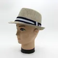 Stylish beige straw fedora hat with a blue and white striped band for summer sun protection - Dark Coffee