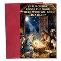 Funny watercolor nativity Christmas card with a red envelope set for holiday greetings - Humorous Religious Nativity Scene Illustration Style (QT1607-15)