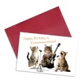 Funny musical cats birthday card with premium burgundy envelope and creative illustration - Cat Band Birthday Humorous Illustration Style (QT1607-16)