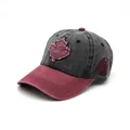 Charcoal and burgundy washed cotton baseball cap with embroidered Canadian maple leaf - Adjustable / Black Hat with Red Brim