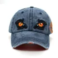 Distressed smoke grey baseball cap featuring orange cartoon eagle eye embroidery - Adjustable / Blue