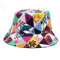 Detail of vibrant bucket hat featuring tropical flamingo palm leaves and geometric patterns - M(56-58cm) / Multicolor Plaid Style 1