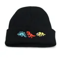 Cuffed black knit beanie featuring colorful cartoon dinosaur embroidery for winter warmth - Adjustable / Black