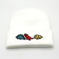 White knitted beanie with colorful cartoon dinosaur embroidery for winter warmth - Adjustable / White