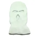 Detailed close-up of white 3-hole knitted balaclava with reinforced stitched eye and mouth holes - White