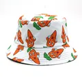 Close-up of a white cotton bucket hat featuring all-over cartoon carrot pattern prints - M / White