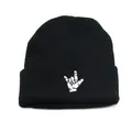 Bonnet noir en maille unisexe avec broderie blanche de signe de main sur le bord - Taille unique / Noir