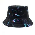 Detailed shot of black bucket hat featuring colorful jellyfish patterns and brim stitching - M(56-58cm) / Jellyfish Print Style 1