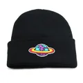Black knit beanie with colorful planet embroidery in street hip-hop style for autumn - One Size(Adjustable) / Black