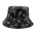 Detailed view of black bucket hat featuring delicate pink floral patterns and stitched brim - M(56-58cm) / Fishbone Print Style 1