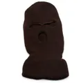Close-up of knit texture and reinforced eye holes on dark brown three-hole face mask - Brown