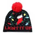 Christmas knitted beanie hat with red pom-pom and Light It Up jacquard pattern - Christmas Stocking Style