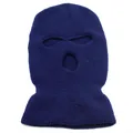 Close-up of deep blue three-hole knitted balaclava with ribbed texture for cold protection - Navy Blue