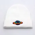 White ribbed knit beanie hat featuring a colorful earth planet embroidery on the cuff - One Size(Adjustable) / White