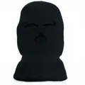 Close-up of the ribbed knit texture and eye holes on this 3-hole black balaclava mask - Black