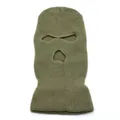 Close-up of army green 3-hole knitted balaclava showing ribbed texture and stitching - Khaki