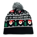 Close-up of knit Christmas beanie featuring HO! HO! HO! text and Santa Claus pattern - Santa Claus