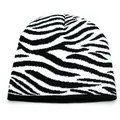 Close-up of the black and white zebra pattern on a warm winter knit beanie hat - Adjustable / Zebra Knitted