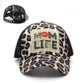 Leopard print mesh ponytail baseball cap with Mom Life patch and red lip design - Leopard Style