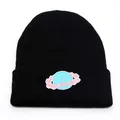 Black ribbed knit beanie featuring a planet and floral embroidery on the folded cuff - One Size / Black