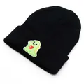 Knitted black beanie with cute green dinosaur embroidery for autumn and winter warmth - Adjustable / Black