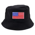 Black cotton bucket hat with American flag embroidery and classic wide brim design - Adjustable / Black