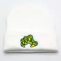 White knitted beanie featuring green monster claw embroidery for winter warmth - Adjustable / White