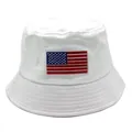 Close-up of US flag embroidery on white cotton sun hat with premium stitching - M (56-58cm) / White