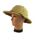 Classic woven straw pith helmet with metal eyelets and leather band on a mannequin - Adjustable / Beige