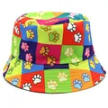 Reversible bucket hat with colorful paw print and checkered pattern for sun protection - M(56-58cm) / Multicolor Checkered Paw Print Style (Style 1)