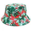 Detailed view of bucket hat with flamingo and tropical palm leaf patterns in high quality - One Size / Tropical Rainforest Print (Style 2)