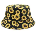 Reversible black bucket hat with vibrant yellow sunflower pattern for sun protection - M(56-58cm) / Black