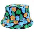 Reversible bucket hat with green cactus floral print for sun protection in black color - M (56-58cm) / Black
