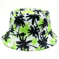 Détail du chapeau bob réversible avec imprimé palmier et coutures renforcées sur le bord - Taille unique / Silhouette de Palmier Blanc Noir Vert (Style 6)