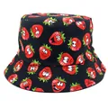Black bucket hat with cute cartoon strawberry patterns for outdoor sun protection - M / Black with Strawberry Print