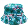 Reversible bucket hat with light blue tropical flamingo and palm tree prints - One Size / Cyan Flamingo (Style 1)