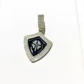 Detailed view of gold shield pendant with black enamel, lucky clover, and micro-pave zircons - Gold Black Four Heart Clover Shield (7)