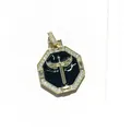 Macro detail of octagonal gold pendant with black enamel angel sword and cubic zirconia - Gold Black Winged Sword Octagon (8)