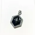 Macro detail of hexagonal pendant with black enamel, star pattern, and zircon border - Silver Black Octagonal Star Hexagon (10)