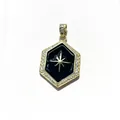 Macro detail of hexagonal pendant with black enamel star and cubic zirconia border - Gold Black Octagonal Star Hexagon (11)