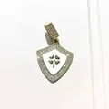 Macro view of gold shield pendant with white enamel clover and pavé zircon details - Gold White Hollow Clover Shield (6)