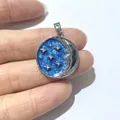 Detailed close-up of a silver crescent moon and stars pendant with blue enamel finish - Silver Round Moon Style (White 2)