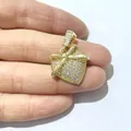 Micro-pave zircon heart pendant in gold plating held by hand to show size and scale - Ribbon Texture Pave Heart Style / Gold 2